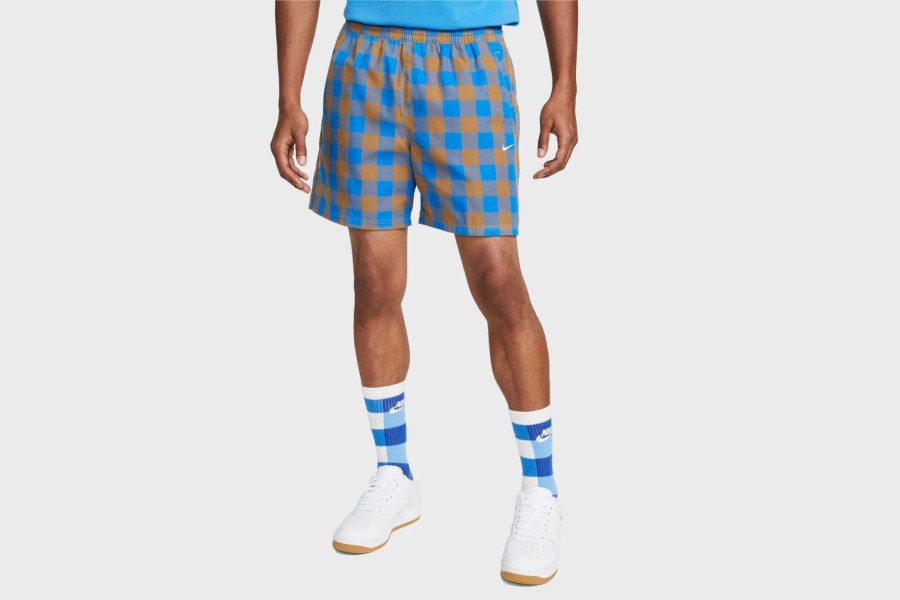 Apparel * | Nike Life Men'S Unlined Plaid Shorts (Dark Driftwood/Light Photo Blue/White)